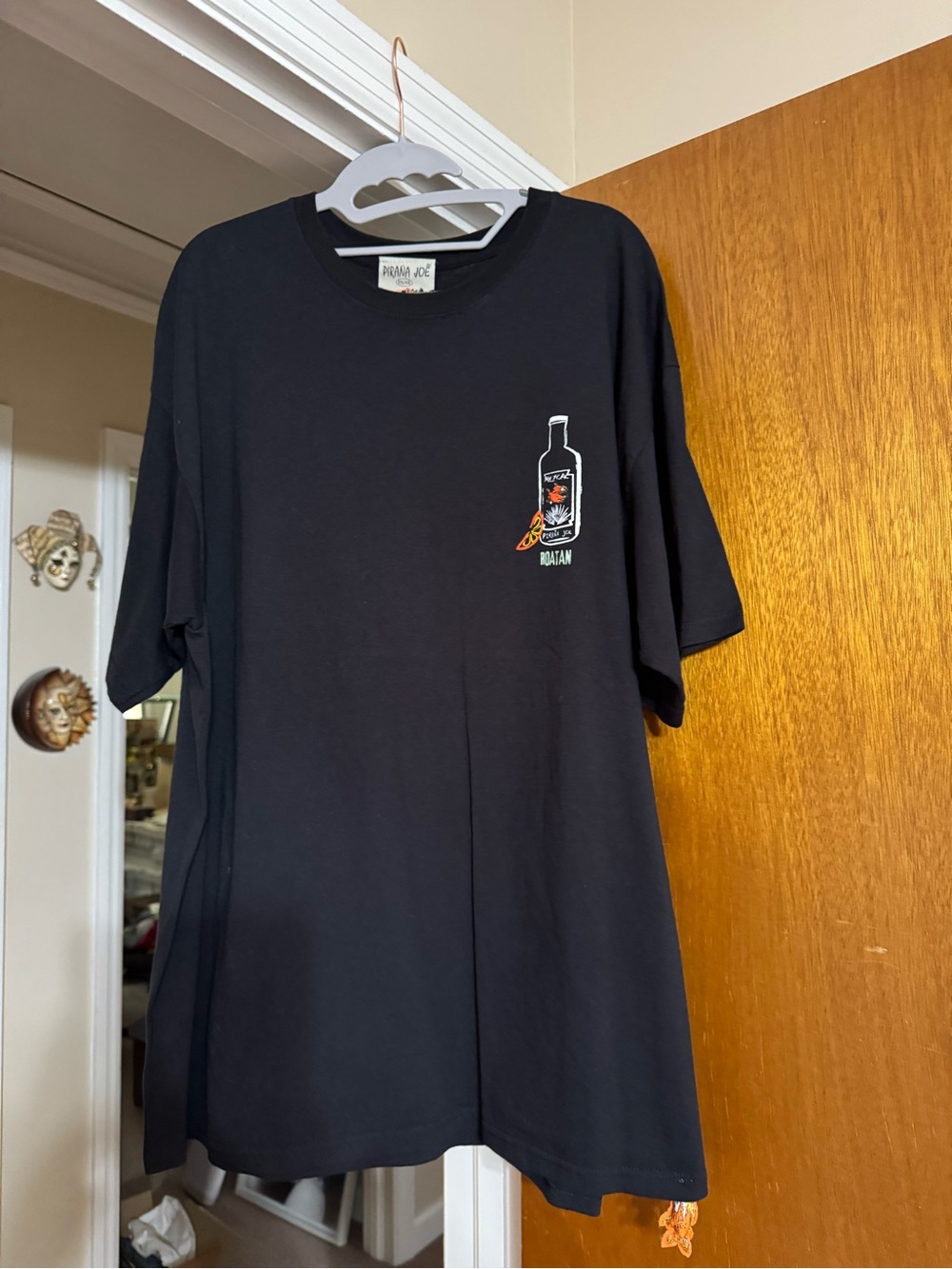 Pirana Joe Roatan Black Men’s Graphic Tee - Hot Sauce Bottle Design